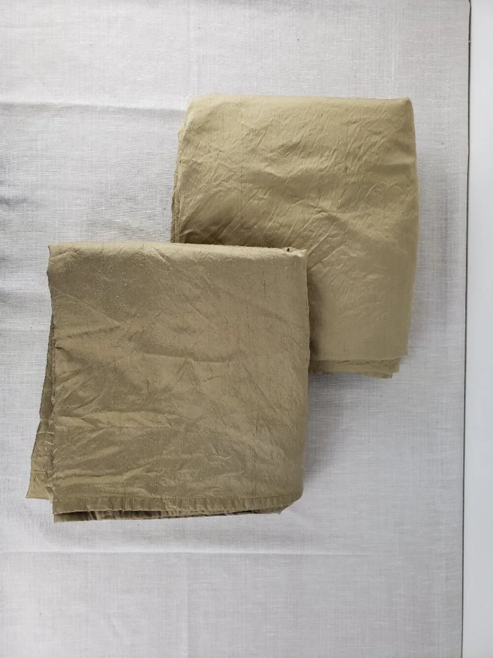 Pair of Pottery Barn Gold Silk Dupioni Lined Curtain Panels Flawed Marked 50x96
